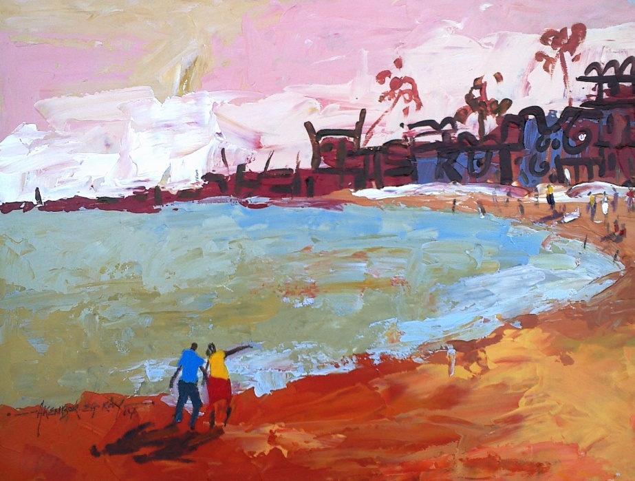 A small sized colourful landscape of a beach by Eghosa Raymond Akenbor.